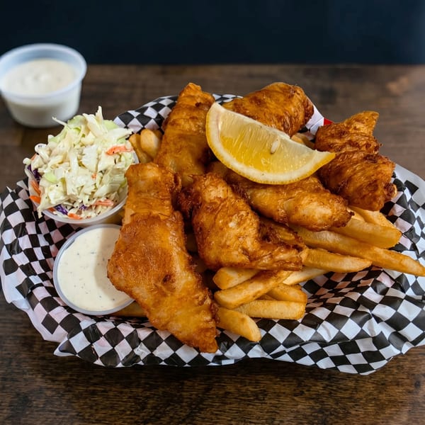 A freshly made dish showcasing the variety of The Crabby Oyster's coastal menu.